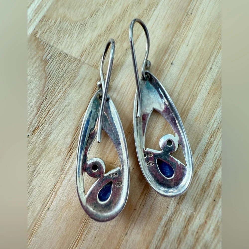 925 Sterling silver hammered teardrop blue stone earrings on hooks